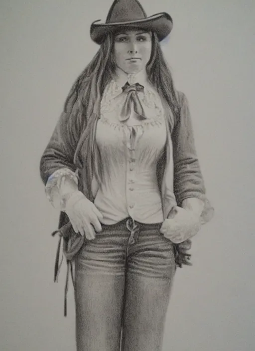 Image similar to 1 8 0 0 s style full body detailed pencil drawing of a cowgirl beautiful face, realistic