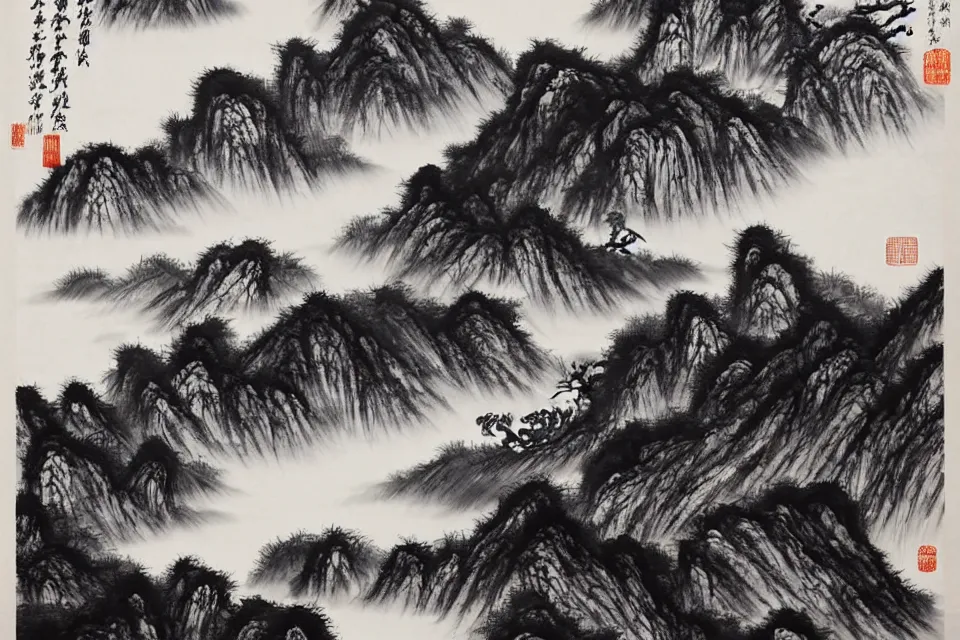 Prompt: in the beautiful landscape, there are evil monsters are stirring, traditional chinese ink painting.