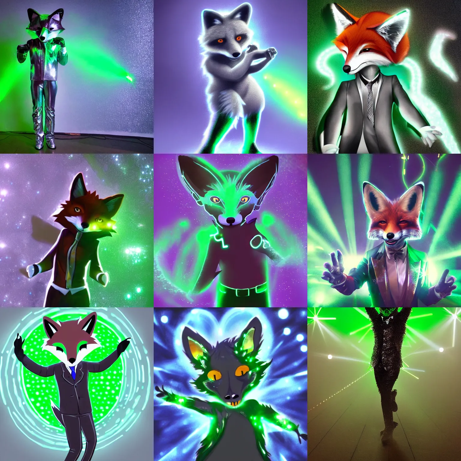 Prompt: an anthropomorphic fox dressed in a silver glittering suit, dancing in front of fog, backlit, vivid green lasers, furaffinity fursona, fox dressed like michael jackson, laser lights