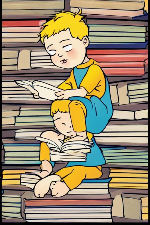 Image similar to a little boy with blonde hair sits cross legged on top of a tall pile of books. he is reading. clean elegant pretty cartoon painting, beautiful detailed face, storybook illustration.