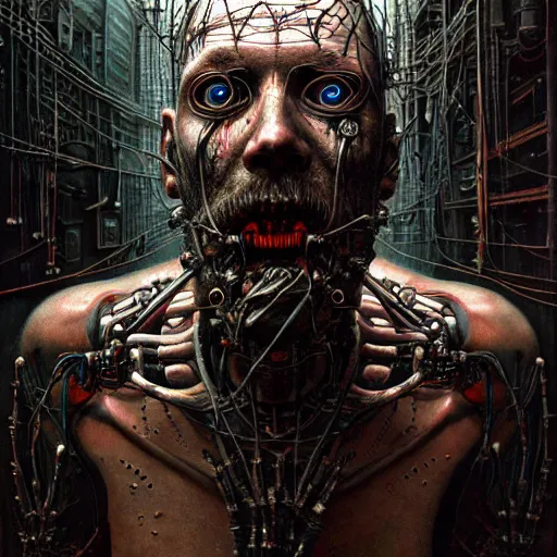 Image similar to ultra realist intricate detailed horror painting of a single rugged cyborg male, bearded face and cyborg tech on body and legs, symmetry accurate features, cyberpunk, industrial, apocalyptic, very intricate details, focus, high resolution, 8 k resolution, dramatic lighting, artstyle alex ries and zdzisław beksinski, award winning