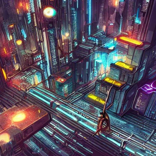 Image similar to cute cat looking down on huge cyberpunk style city, high detail, fantasy art, concept art, 4 k, ultra detail, computer art