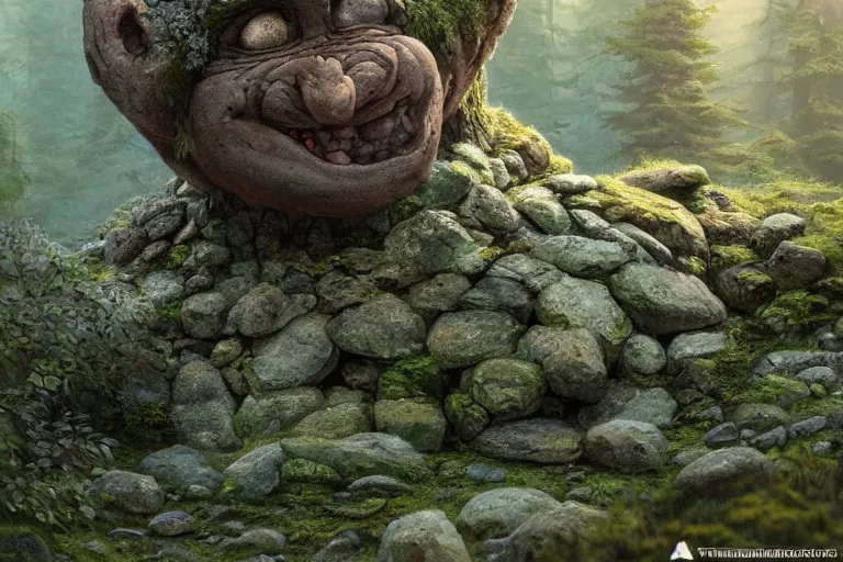 Prompt: an old stone troll made of rocks lurking in a swedish forest, covered in lichen and moss, moss on its head. very low angle photograph, highly detailed, trending on artstation, realistic, smooth, soft colors, rays of golden sunlight, oil painting by simon stalenhag and greg rutkowski and tim hildebrandt