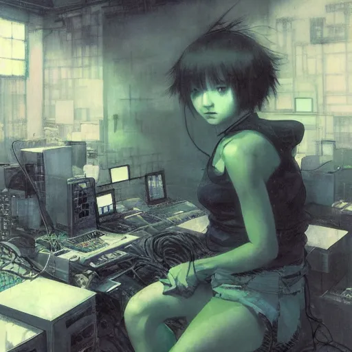 Image similar to portrait of lain iwakura, background room full of cables and computers by yoshitoshi abe, ruan jia and joao ruas, atmospheric, green and blue tones