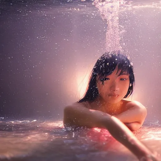 Image similar to beautiful japanese biomecanic mermaid in emotional movement, underwater photography and light scattering, water refractions turned out impressive imho,