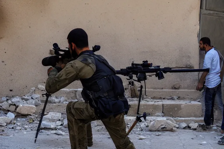 Prompt: first personal view sniper shoot back in the street Syria, photojournalism detailed