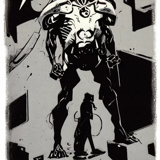 Image similar to concept art, stylized, super exaggerated proportions, concept design, male, science fiction suit, by mike mignola