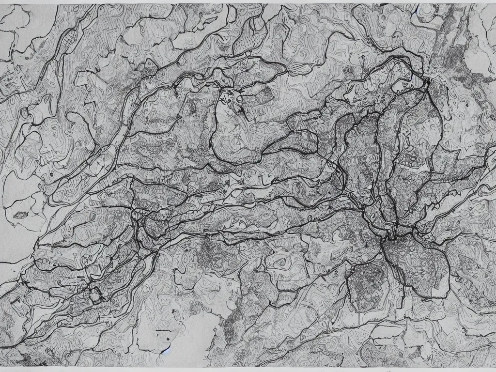 Prompt: Map of a cave system under South Carolina, Ink drawing by Deven Rue, fine point pen