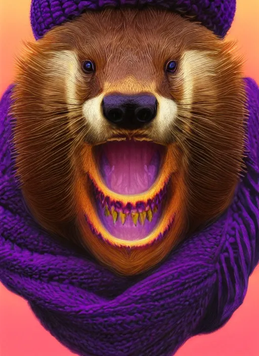 Image similar to symmetry!! portrait of smiling beaver!! big teeth! wearing a colorful beanie!, scarf!, long curly hair intricate, elegant, highly detailed, digital painting, artstation, concept art, smooth, sharp focus, illustration, art by artgerm and greg rutkowski and alphonse mucha, 8 k