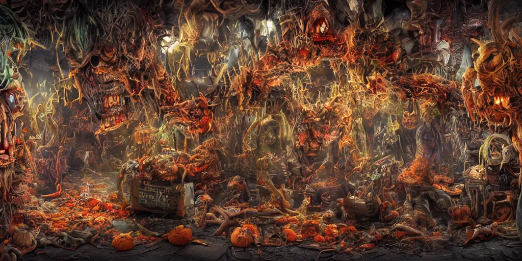 Image similar to ultra wide view of the most awesome monster party with a rube goldberg door trap, devils, demon, multiverse, ghosts, witches, pumpkins, vampires, mummies, monsters, dripping, hyper-realistic, bright and colorful, octane render, 8k, extremely detailed, iridescent, photorealistic, minute details, horror, grotesque, macabre, moody, broken, gritty, zbrush art, extreme details, cinematic