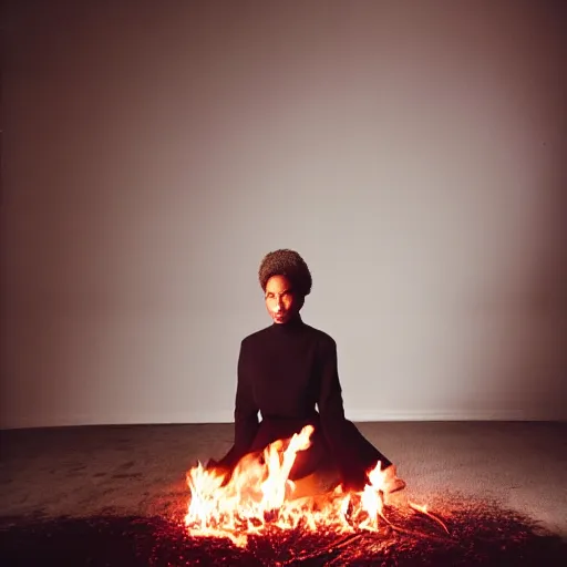 Image similar to realistic! photoshoot for a new chanel lookbook, color film photography, portrait of a beautiful woman, fire in the background, in style of tyler mitchell, 35mm