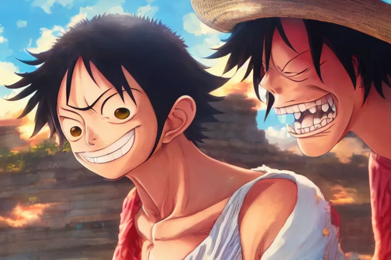 Image similar to monkey d. luffy, single subject, scenic full shot, ambient lighting, detailed face, by makoto shinkai, stanley artgerm lau, wlop, rossdraws