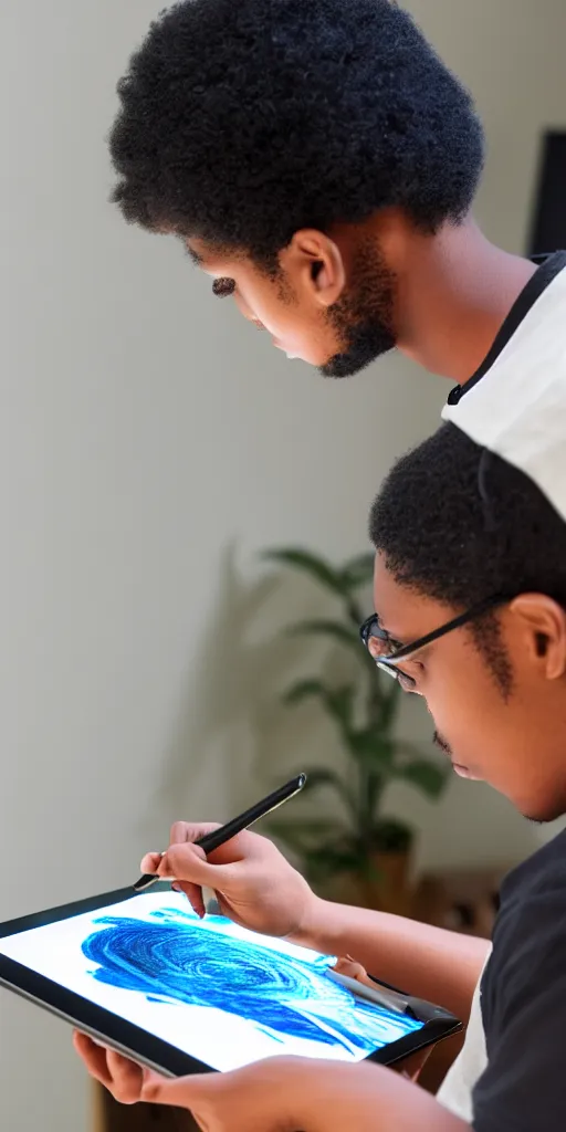 Prompt: a young man making digital art on his ipad mini