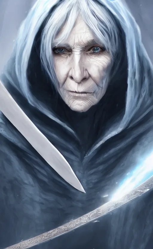 Image similar to an older woman with silver hair and piercing blue eyes. she's wearing a dark, hooded cloak and looks like she knows her way around a sword, dynamic lighting, photorealistic fantasy concept art, trending on art station, stunning visuals, creative, cinematic, ultra detailed