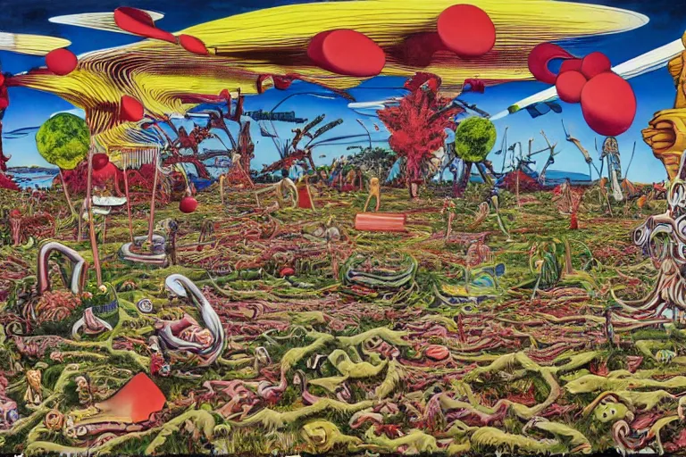 Image similar to landscape by rotella mimmo, kenny scharf, jacek yerka, peter bagge, simon bisley, artur bordalo, judy chicago, geof darrow