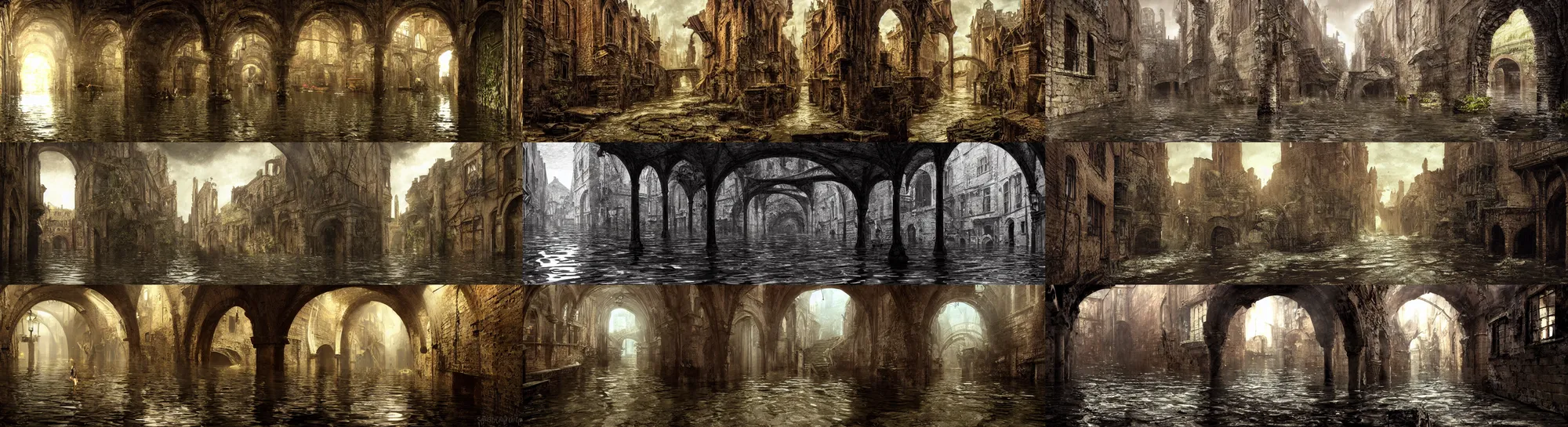 Prompt: inside the ancient flooded sewers in the old part of the city. fantasy art, layers of architecture, adventure, wet, standing water, channel, canal, boat, lamp, running water, stream, channel, musty, moss, sewage, dark, underground, abandoned spaces, torch - lit. by piranesi and bierstadt