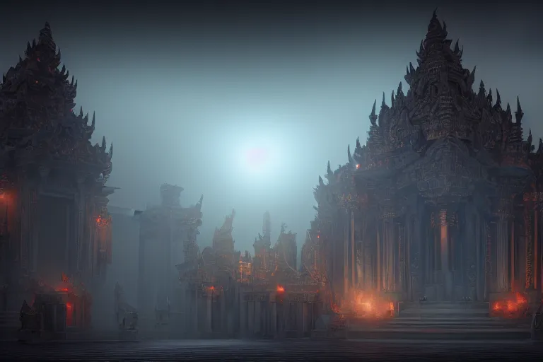 Prompt: ornate temple of bahamut , matte illustration, ominous , catarthic, god, mist, nuclear explosion background, volumetric lighting, soft lighting, soft details, by aliya chen and jihun lee , octane render, HDR, trending on artstation, 4k, 8k, HD