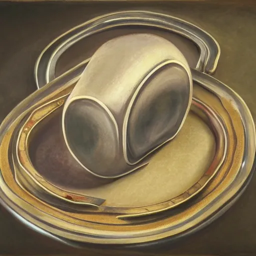 Image similar to in the center lays an ancient chromed artifact in the shape of a heavy signet ring, ornate with gentle shine from within. the ring lays on top of a marbled pedestal. the pedestal is in front of a dark misty balcony at night perspective from the side. realistic light and shadows. moody fantasy art, table still life renaissance pastel painting.
