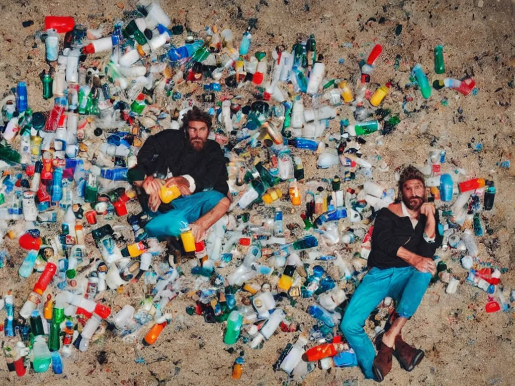Prompt: jovanotti alone surrounded by plastic bottles and garbage on a beach near the adriatic sea, pollution, polaroid color photo, ultra realistic