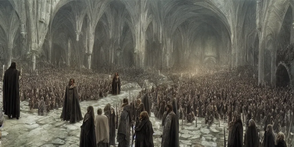 Image similar to Funeral of Aragorn, Arwen at his side, detailed matte painting, cinematic, Alan Lee, Artstation