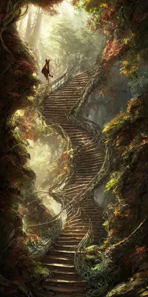 Image similar to a man walking up a steep and winding staircase, in magical woods, intricate, elegant, highly detailed, digital painting, artstation, concept art, sharp focus, beautiful illustration, by justin gerard and artgerm, 8 k