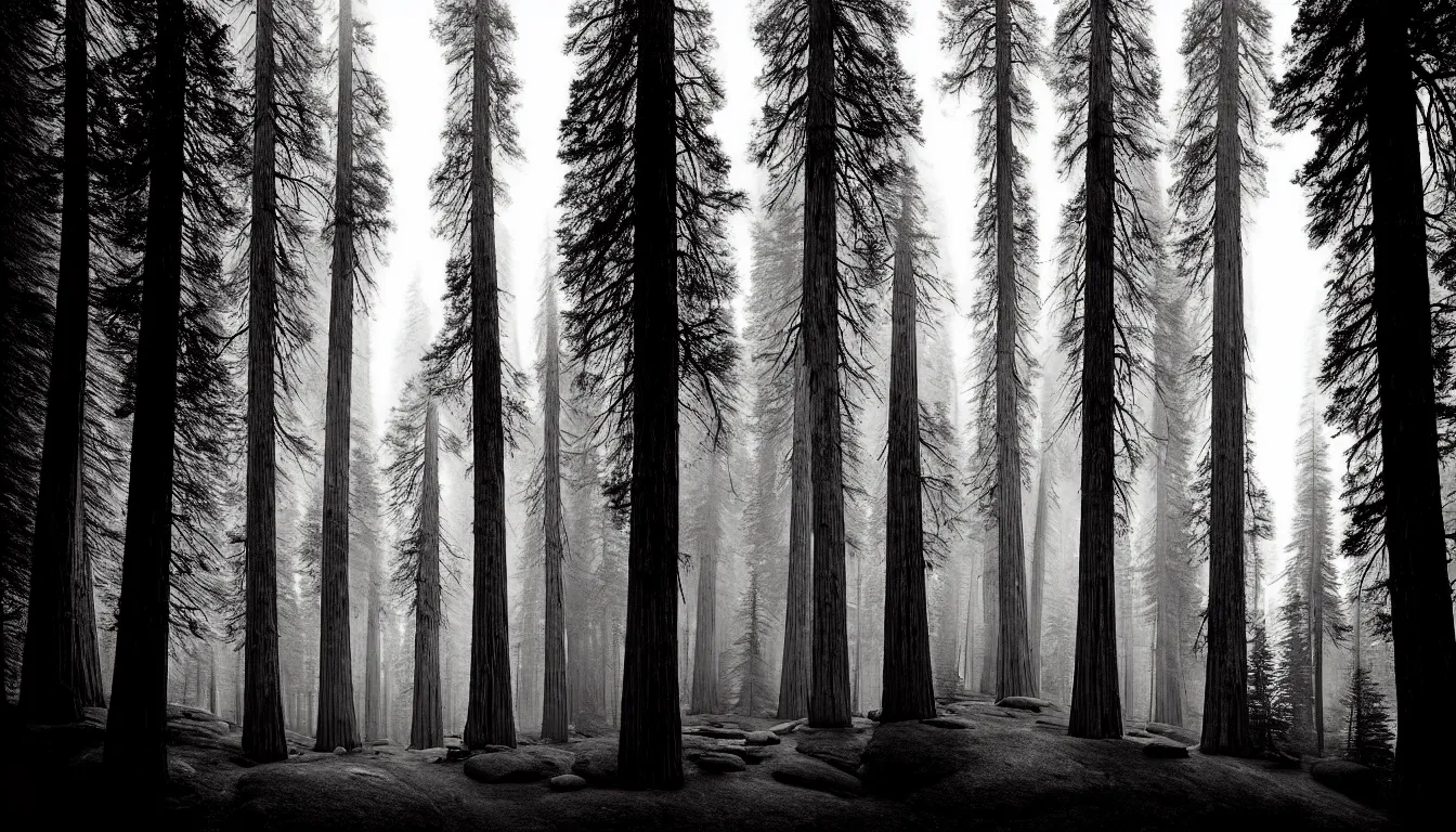 Prompt: hiking past giant sequoias by mads berg, karolis strautniekas, film noir, stippled light, dramatic lighting, editorial illustration, detailed, fine texture, matte print,