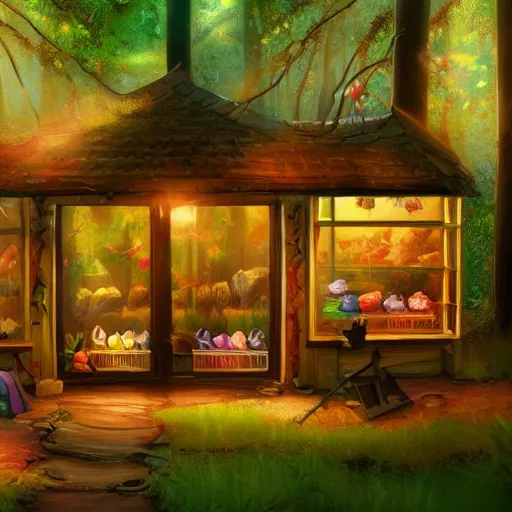 Image similar to a woodland clothing store run by a fairy princess 4 k ultra detailed colorful cute artstation trending enigmatic lighting soft bokeh diffuse