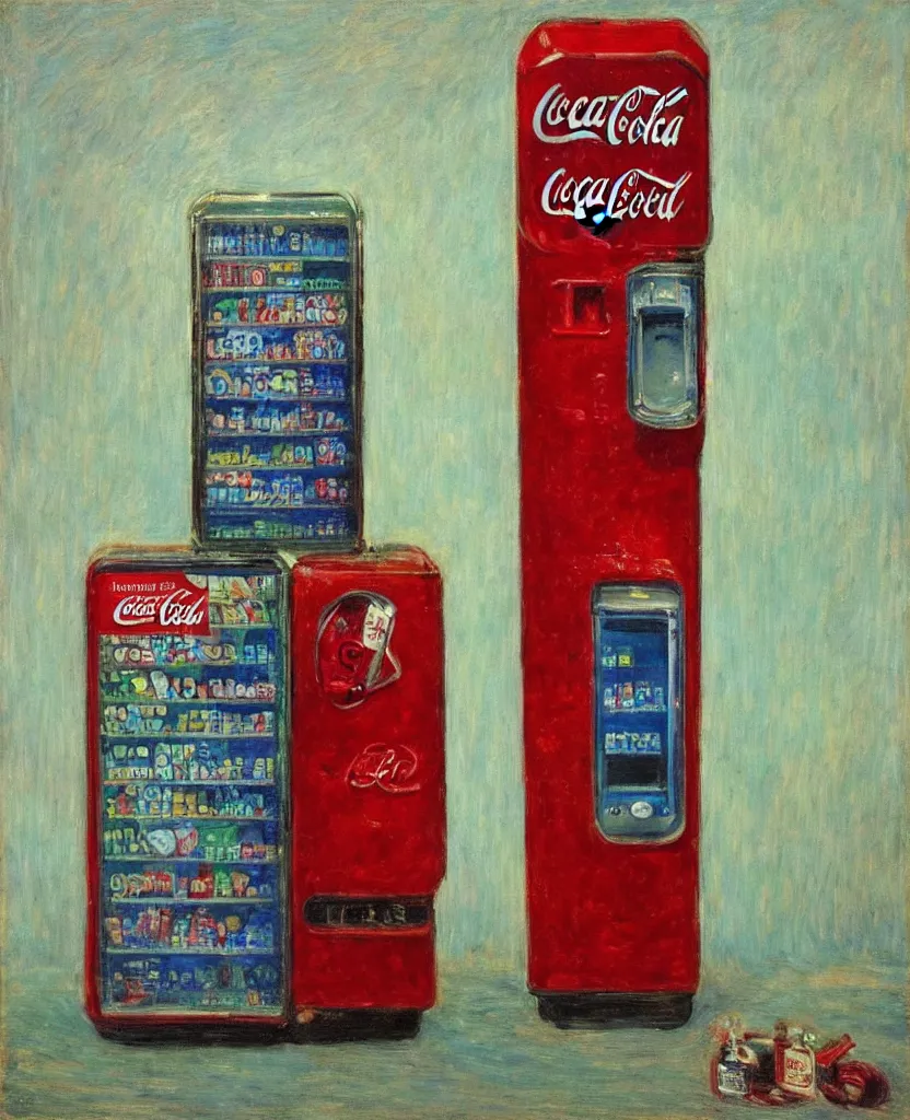 Prompt: achingly beautiful oil painting of 1 9 4 0 s coca - cola vending machine by monet, hopper, and magritte. centered.