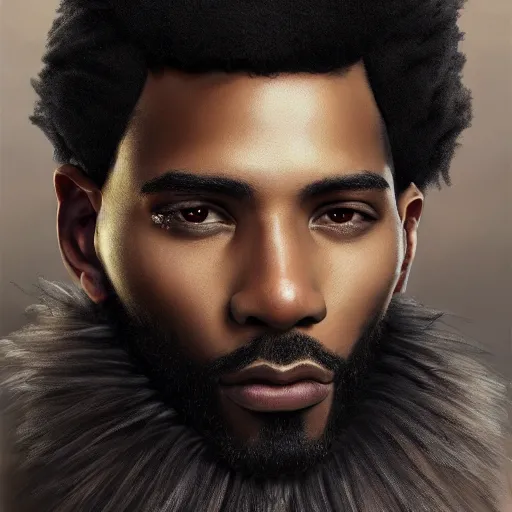 Image similar to portrait painting of a beautiful black man with cut scars and cropped hair wearing a tattered fur coat, ultra realistic, concept art, intricate details, eerie, highly detailed, photorealistic, octane render, 8 k, unreal engine. art by artgerm and greg rutkowski and charlie bowater and magali villeneuve and alphonse mucha