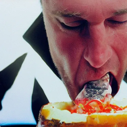 Prompt: alex jones eating a huge twinkle, high definition, color film,