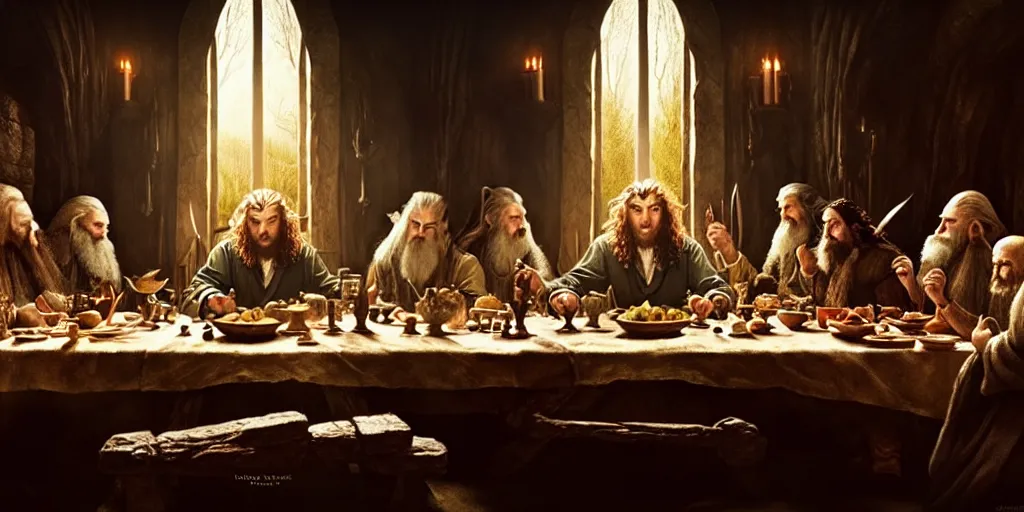 Image similar to the hobbit last supper by greg rutkowski, digital painting, trending on artstation, sharp focus, 4 k