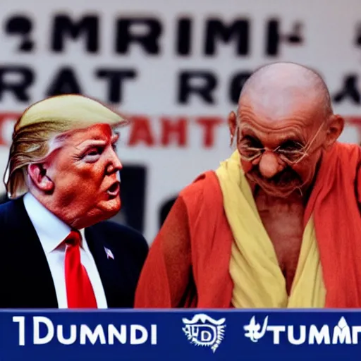 Prompt: donald trump dancing acrobatic rock with gandhi