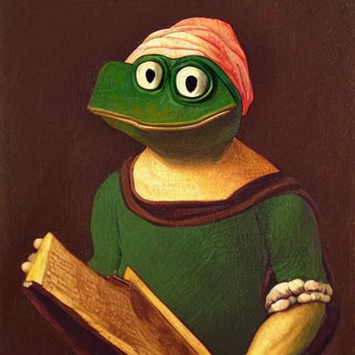 Image similar to oil painting of pepe the frog as aristotle by leonardo da vinci