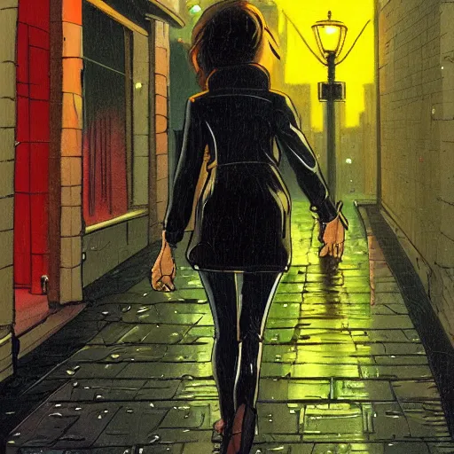 Prompt: girl in leather jacket walking down rainy city street at night, surreal, Ralph Bakshi