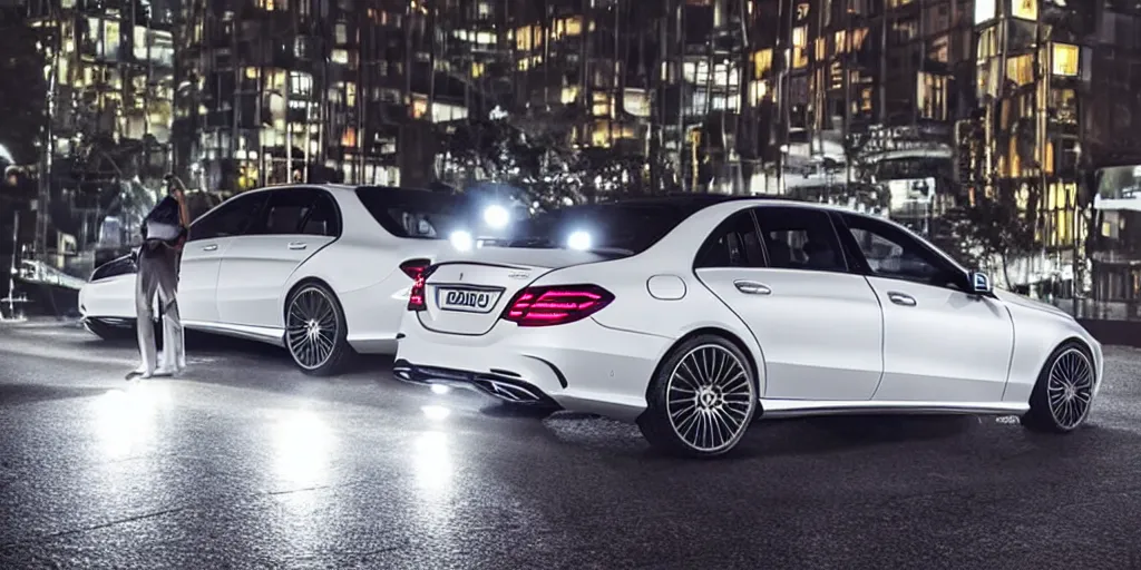 Prompt: mercedes e class standing on street on dark night, white color, white led spotligh, ultra realistic