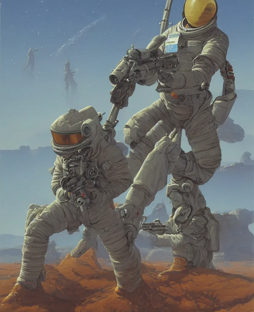 Image similar to a painting of a spaceman holding a rifle, concept art by michael whelan and tim white and vincent di fate, featured on deviantart, space art, concept art, sci - fi, cosmic horror