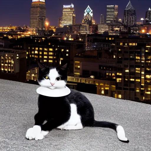 Image similar to photo of black photo of a Tuxedo Cat wearing a top hat, sitting on a rooftop at night time, Philadelphia skyline at night in the background