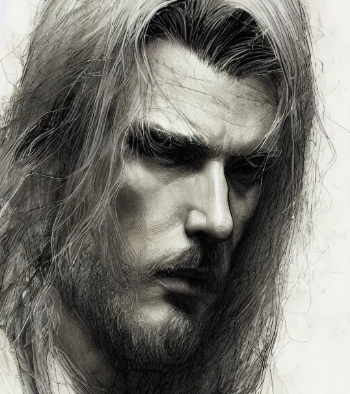 Image similar to portrait of man with long blond hair tied up wearing black robes, pen and ink, intricate line drawings, by craig mullins, ruan jia, kentaro miura, greg rutkowski, loundraw