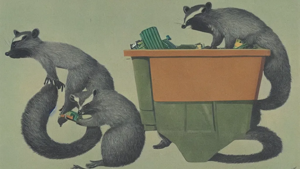 Image similar to A vintage scientific illustration from the 1970s of a raccoons digging through a trash can René Magritte
