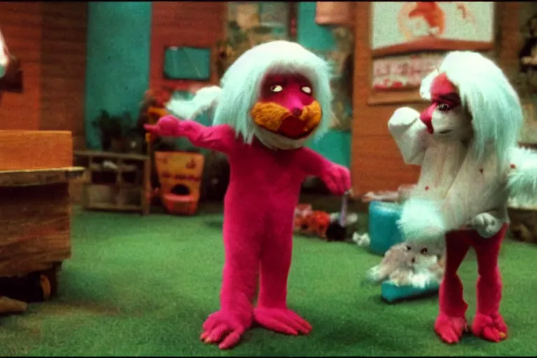 Prompt: a glitchy frame from a horrific live action 1 9 7 9 kids show about unnatural furry puppets