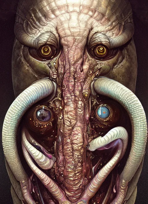 Image similar to elon musk as mollusk, slime, drool, portrait, intricate, elegant, highly detailed, digital painting, artstation, concept art, wallpaper, smooth, sharp focus, illustration, art by h. r. giger and artgerm and greg rutkowski and alphonse mucha