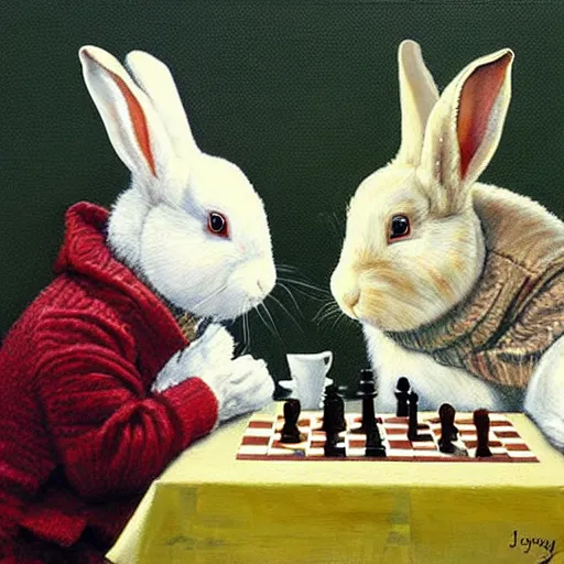 Image similar to two rabbits drinking tea and playing chess. Painting of rabbits in sweaters by James Gurney.