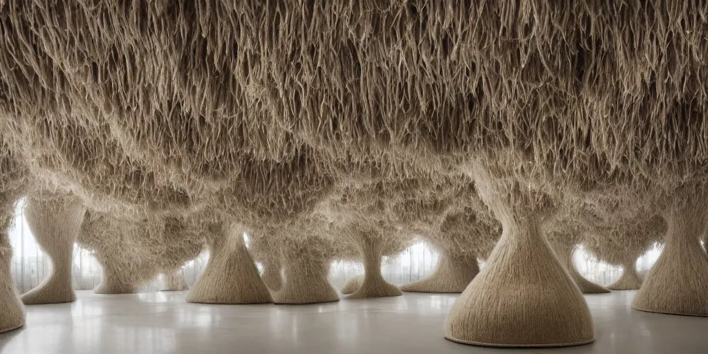 Image similar to futuristic interior organic design by Ernesto Neto composed all covered with wool and hair, the chairs, tables, and walls all seem to meld together into a color-shifting with covered with wool and hair, hair ground surface, maximum natural texture, soft smooth surfaces, beige light colors monochromatic, warm illumination, cinematic alien futuristic atmosphere, in low fog, magical digital, 8k resolution, golden ratio, best color graded, vray beautiful, ambient occlusion, subsurface scatter, radiosity, hyper-realistic render