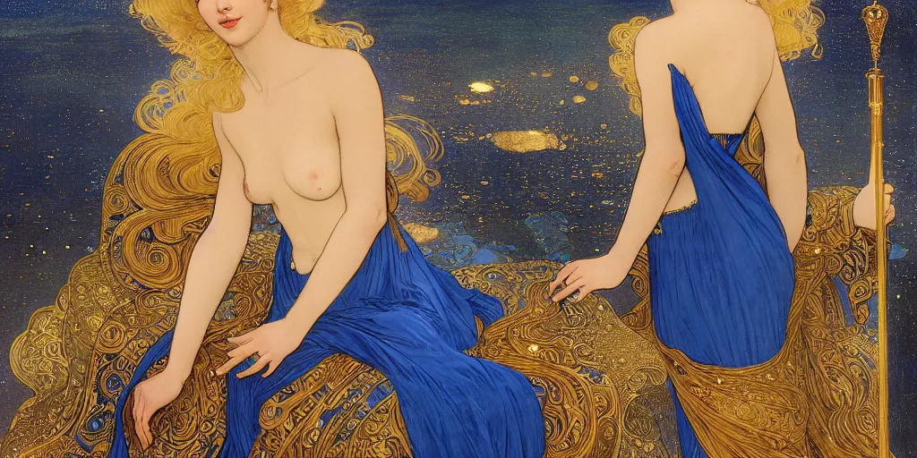 Prompt: a venere blonde princess, play with her long blue dress with gold details, fantasy, clothing, concept art, highly detailed, atmospheric light, oil painting, behance, top art, art by alphonse mucha and gustav klimt