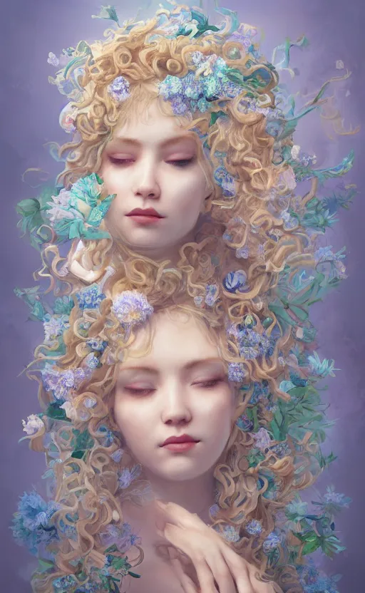 Image similar to breathtaking detailed concept art painting portrait of the hugs goddess of light blue flowers, blonde curly hair, ornate background, amalgamation of leaves and flowers, by hsiao - ron cheng, extremely moody lighting, 8 k