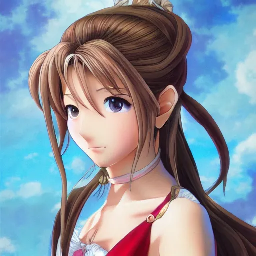 Image similar to portrait of aerith gainsborough, anime fantasy illustration by tomoyuki yamasaki, kyoto studio, madhouse, ufotable, trending on artstation