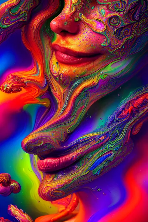 Image similar to colorful liquid smoke morphing into happy sleeping faces, extremely colorful psychedelic experience, dmt, psilocybin, lsd, intricate, elegant, highly detailed, digital painting, artstation, smooth, sharp focus, illustration, art by krenz cushart, hana yata, octane render, unreal engine, 8 k