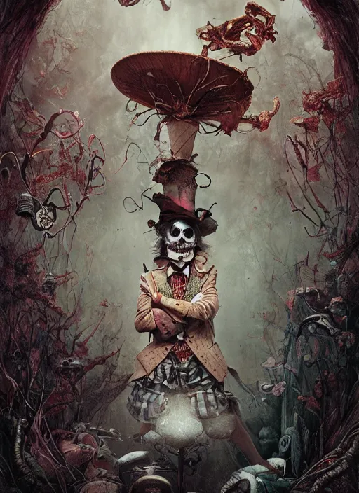 Image similar to alice in wonderland mad hatter the magician tarot card, highly detailed, half skull face, cinematic, 8 k, by stanley artgermm, tom bagshaw, greg rutkowski, carne griffiths, ayami kojima, beksinski, giger, trending on deviantart, hyper detailed, horror, full of colour