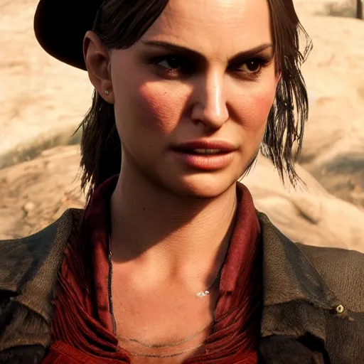 Image similar to natalie portman in red dead redemption 2, character render, full body shot, highly detailed, in game render