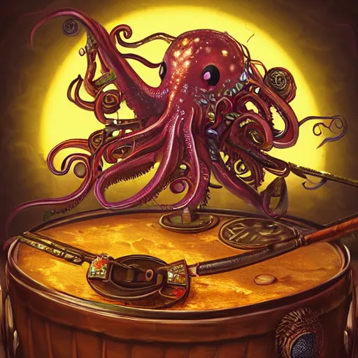 Prompt: reflected in sushi knife: fantasy steampunk Squid drummer with tentacles and frantically playing a big rock&roll drum set in the spotlight dystopian photorealistic, by Philipp A. Urlich and Pengzhen Zhang an Andreas Rocha, fantasy, intricate, elegant, highly detailed, digital painting, artstation, blender, unreal engine 5, octane render, smooth, sharp focus, illustration